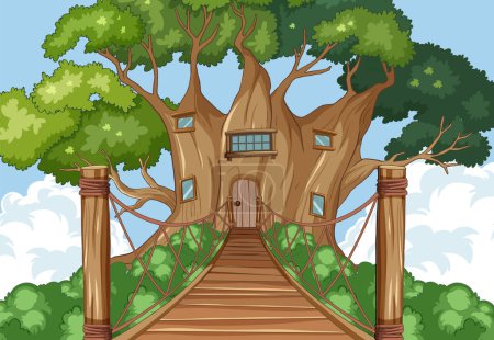 Téléchargez les illustrations : Illustration d'une cabane fantaisiste au milieu d'arbres verts - en licence libre de droit