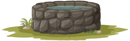 Illustration for Cartoon stone well surrounded by greenery. - Royalty Free Image