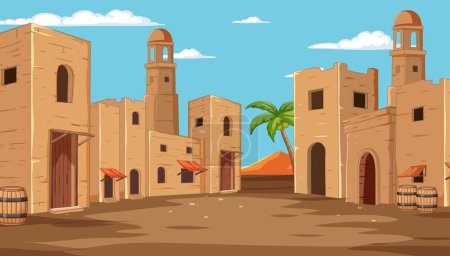 Téléchargez les illustrations : Paysage désertique ensoleillé avec bâtiments traditionnels - en licence libre de droit