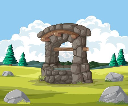Ilustración de Arco de piedra de dibujos animados en un campo herboso sereno. - Imagen libre de derechos