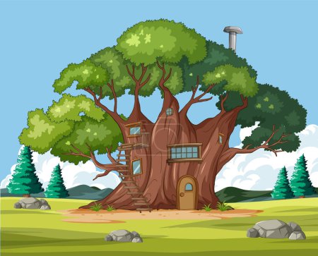Téléchargez les illustrations : Illustration vectorielle d'une cabane fantaisiste au milieu des arbres - en licence libre de droit