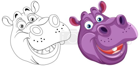 Téléchargez les illustrations : Illustrations hippopotame dessin animé noir et blanc et coloré - en licence libre de droit