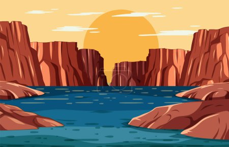Téléchargez les illustrations : Art vectoriel d'un paysage de canyon au coucher du soleil - en licence libre de droit