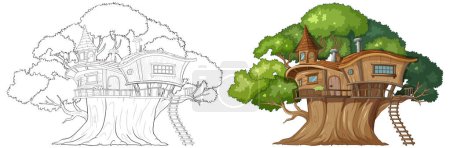 Ilustración de Ilustración de una casa de árbol, proceso artístico desde el arte de línea hasta el color. - Imagen libre de derechos