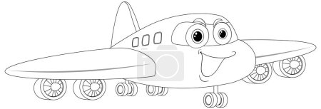 Black and white line art of a smiling airplane.