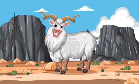 Illustration for Cheerful goat standing among rocks and clouds - Royalty Free Image