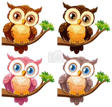 Four cute owls with big eyes on tree branches