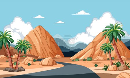 Illustration for Vector illustration of a desert road with palm trees - Royalty Free Image