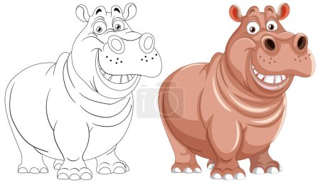 Ilustración de Colorido y delineado personajes de dibujos animados hipopótamo - Imagen libre de derechos
