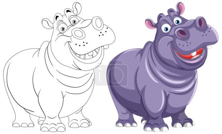 Illustration for Two smiling hippos, one colored, one outlined. - Royalty Free Image