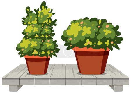 Illustration for Two lush green potted plants on a gray bench. - Royalty Free Image
