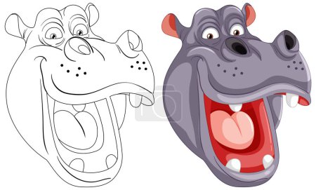 Téléchargez les illustrations : Illustration vectorielle d'un hippopotame, coloré et contour - en licence libre de droit