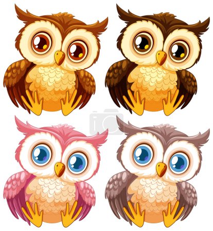 Illustration for Four cute illustrated owls with expressive eyes - Royalty Free Image