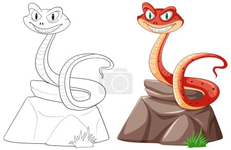 Téléchargez les illustrations : Deux serpents souriants illustrés sur des pierres séparées - en licence libre de droit