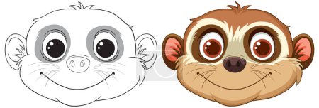 Illustration for Two smiling monkey faces, cute and friendly. - Royalty Free Image