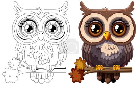 Illustration for Vector art of an owl, colored and line art versions. - Royalty Free Image