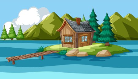 Encantadora cabaña de madera en una pequeña isla