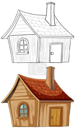 Téléchargez les illustrations : Illustration vectorielle d'une maison, avant et après coloration - en licence libre de droit