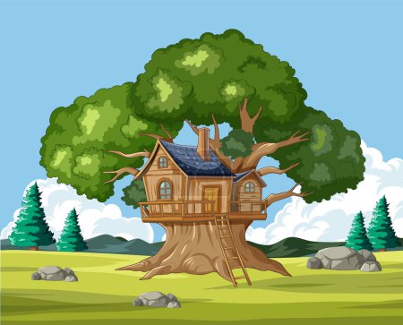 Illustration for Whimsical treehouse nestled in a lush green setting - Royalty Free Image