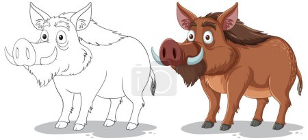 Illustration for Two stages of a boar illustration, sketch to color - Royalty Free Image