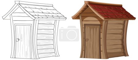 Illustration for Two stages of a doghouse, sketch and colored. - Royalty Free Image