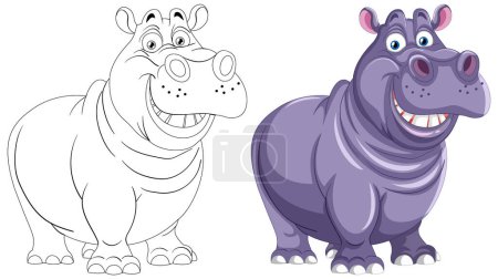 Téléchargez les illustrations : Illustrations esquissées et colorées heureux hippopotame - en licence libre de droit