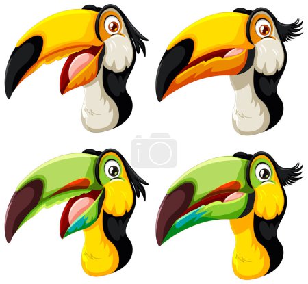 Illustration for Four vibrant toucan head illustrations in vector format. - Royalty Free Image