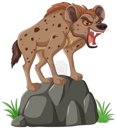 Téléchargez les illustrations : Hyène en colère debout sur un rocher, grognant férocement. - en licence libre de droit