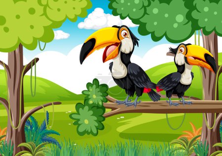 Two colorful toucans perched on a branch