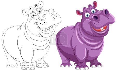 Téléchargez les illustrations : Illustration vectorielle de deux hippopotames heureux dessin animé - en licence libre de droit