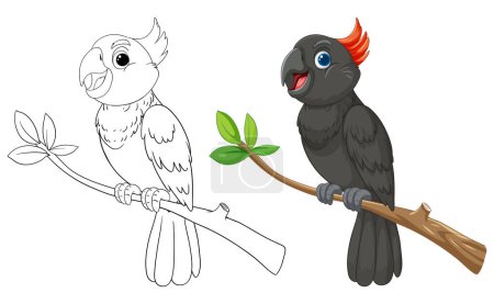 Illustration for Two parrots perched on branches, one in color. - Royalty Free Image