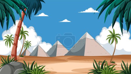 Vector illustration of pyramids among palm trees.