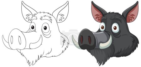 Illustration for Two pig characters, one colored and one outlined. - Royalty Free Image