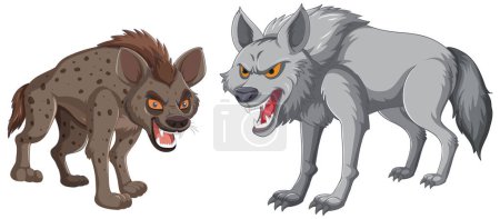 Téléchargez les illustrations : Graphique vectoriel de l'hyène agressive et du loup face à face - en licence libre de droit