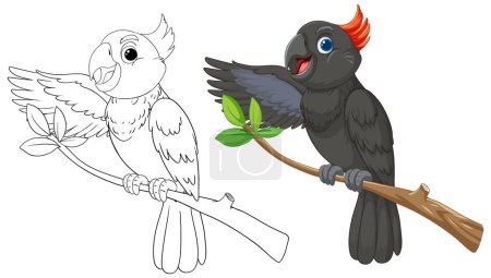 Illustration for Two cartoon parrots on a branch, one colored, one not. - Royalty Free Image