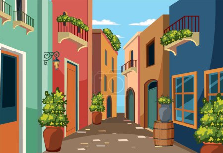 Illustration for Vibrant vector of a quaint European street scene - Royalty Free Image