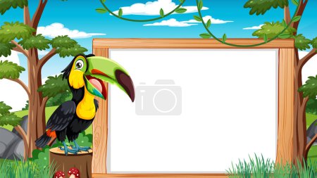 Téléchargez les illustrations : Toucan coloré perché à côté d'un cadre vide - en licence libre de droit