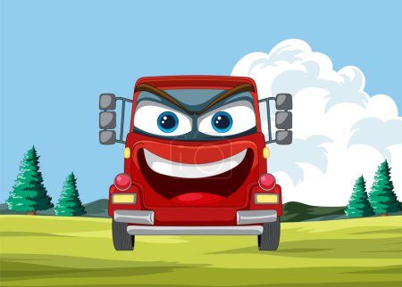 Illustration for Animated red car with a big smile in nature - Royalty Free Image