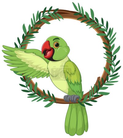 A cheerful green parrot perched within a circular wreath.