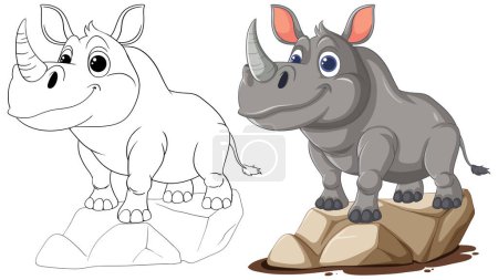 Illustration for Colorful and outlined rhinoceros standing on rocks. - Royalty Free Image