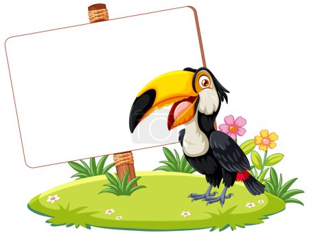 Illustration for Colorful toucan beside a blank sign in nature. - Royalty Free Image