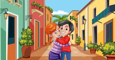 Ilustración de Dos personajes de dibujos animados abrazándose en una calle vibrante - Imagen libre de derechos