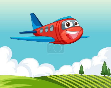 Illustration for Colorful animated airplane flying over green hills - Royalty Free Image