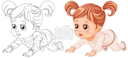 Colorful and outlined versions of a crawling baby girl