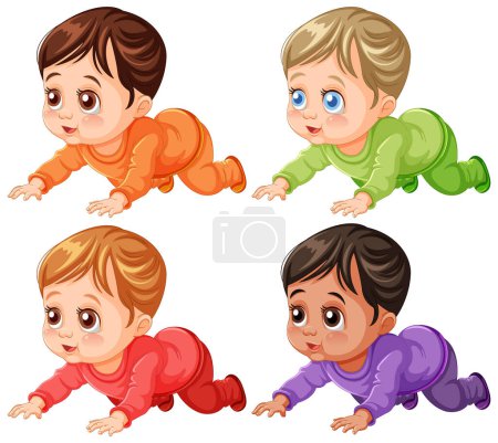 Téléchargez les illustrations : Quatre bébés dessins animés rampant dans des tenues colorées - en licence libre de droit