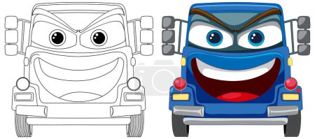 Téléchargez les illustrations : Illustration vectorielle colorée de camions animés souriants - en licence libre de droit
