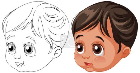 Téléchargez les illustrations : Illustration vectorielle du visage d'un enfant, avant et après la coloration. - en licence libre de droit
