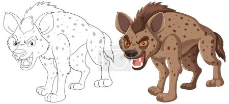 Téléchargez les illustrations : Illustration vectorielle d'une hyène, montrant le croquis et la version colorée finale. - en licence libre de droit