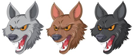Ilustración de Tres lobos animados mostrando expresiones agresivas. - Imagen libre de derechos