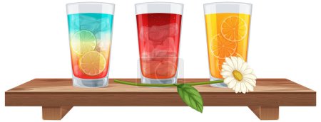 Tres refrescantes bebidas de frutas con una flor blanca